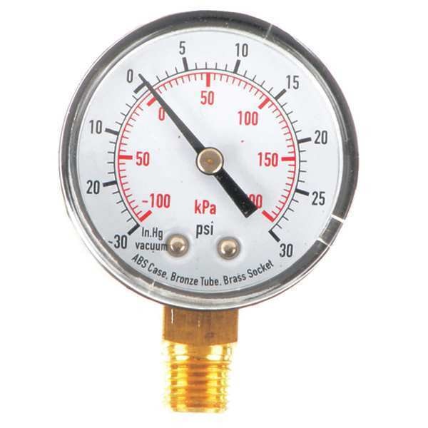 Compound Gauge, -30 to 0 to 30 in Hg/psi, 1/4 in MNPT, Plastic, Black
