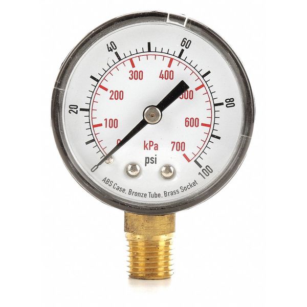 Pressure Gauge, Commercial, 0 to 100 psi, 2 in dial, 1/4 in MNPT, Plastic, Black