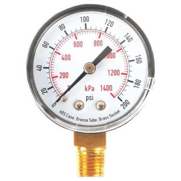 Pressure Gauge, 0 to 200 psi, 1/4 in MNPT, Plastic, Black