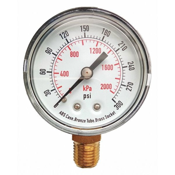 Pressure Gauge, Commercial, 0 to 300 psi, 2 in Dial, 1/4 in MNPT, Plastic, Black