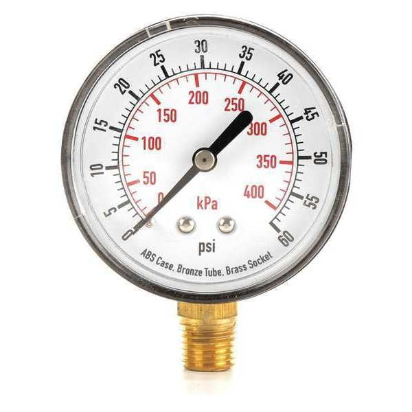 Pressure Gauge, 0 to 60 psi, 1/4 in MNPT, Plastic, Black