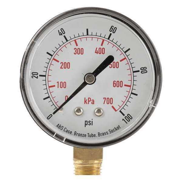 Pressure Gauge, 0 to 100 psi, 1/4 in MNPT, Plastic, Black