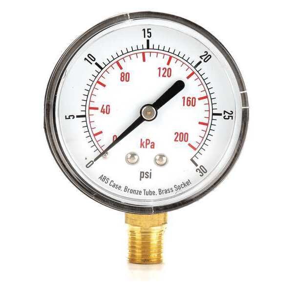 Pressure Gauge, 0 to 30 psi, 1/4 in MNPT, Plastic, Black