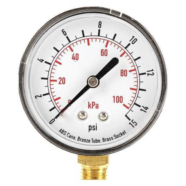 Pressure Gauge, 0 to 15 psi, 1/4 in MNPT, Plastic, Black