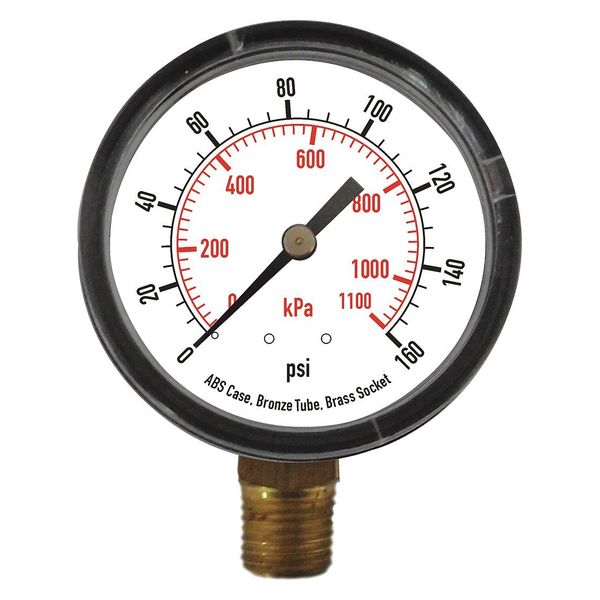 Pressure Gauge, 0 to 160 psi, 1/4 in MNPT, Plastic, Black