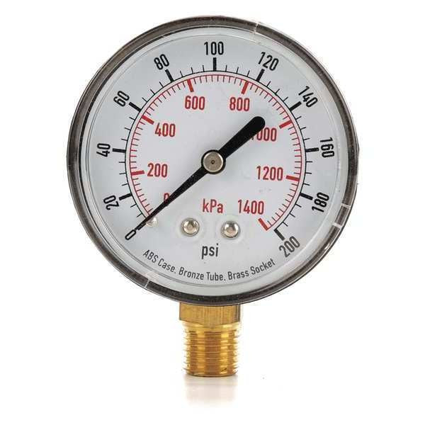 Pressure Gauge, 0 to 200 psi, 1/4 in MNPT, Plastic, Black