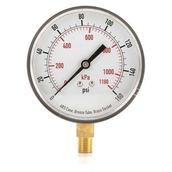 Pressure Gauge, 0 to 160 psi, 1/4 in MNPT, Plastic, Black