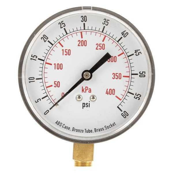 Pressure Gauge, 0 to 60 psi, 1/4 in MNPT, Plastic, Black