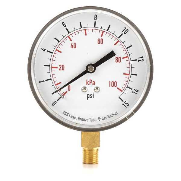Pressure Gauge, 0 to 15 psi, 1/4 in MNPT, Plastic, Black