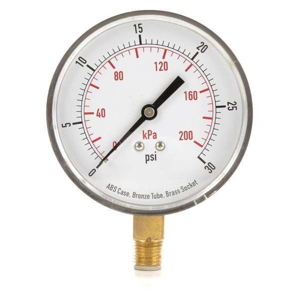 Pressure Gauge, 0 to 30 psi, 1/4 in MNPT, Plastic, Black