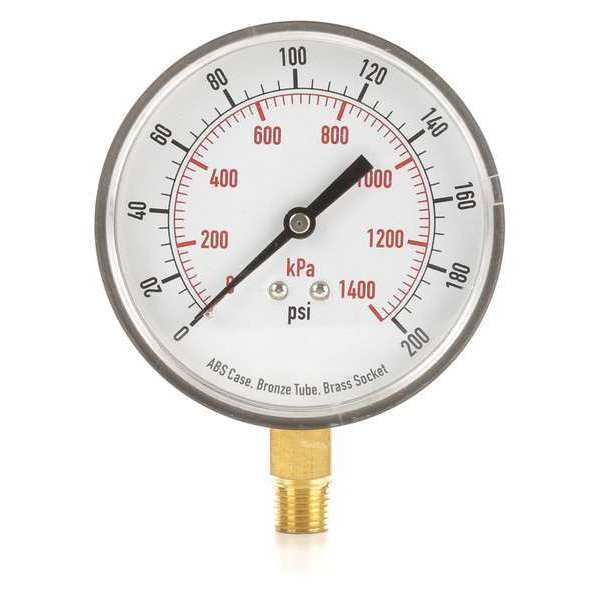 Pressure Gauge, 0 to 200 psi, 1/4 in MNPT, Plastic, Black