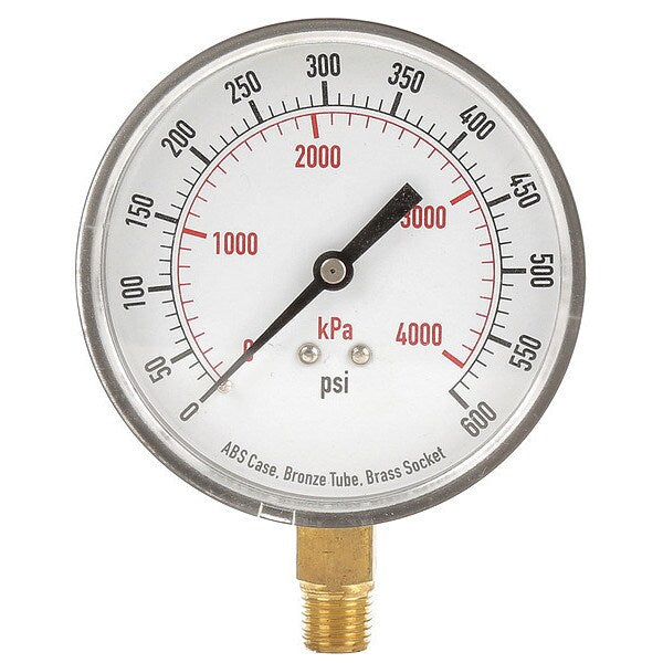 Pressure Gauge, 0 to 600 psi, 1/4 in MNPT, Plastic, Black