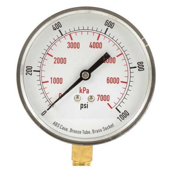 Pressure Gauge, 0 to 1000 psi, 1/4 in MNPT, Plastic, Black
