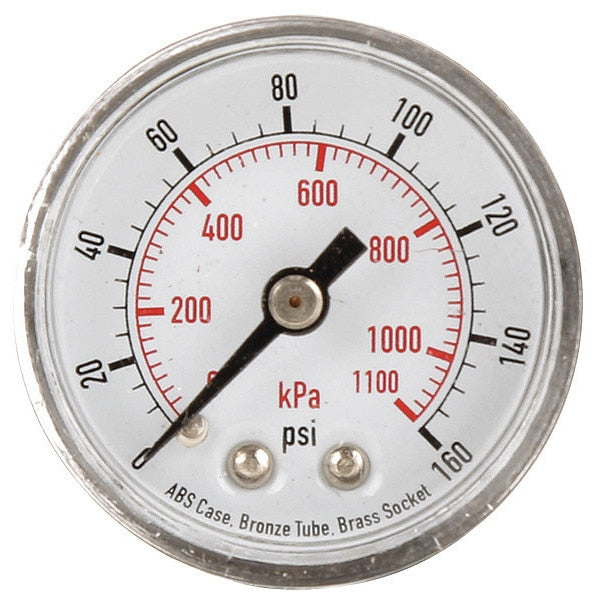 Pressure Gauge, Commercial, 0 to 160 psi, 1 1/2 in Dial, 1/8 in MNPT, Plastic, Black