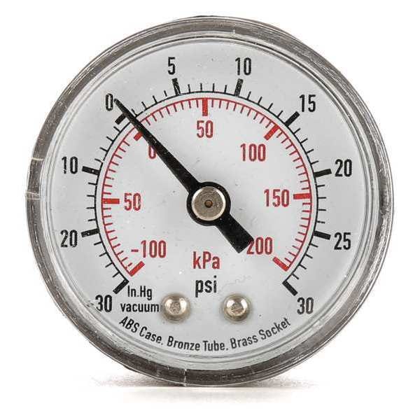 Compound Gauge, -30 to 0 to 30 in Hg/psi, 1/8 in MNPT, Plastic, Black