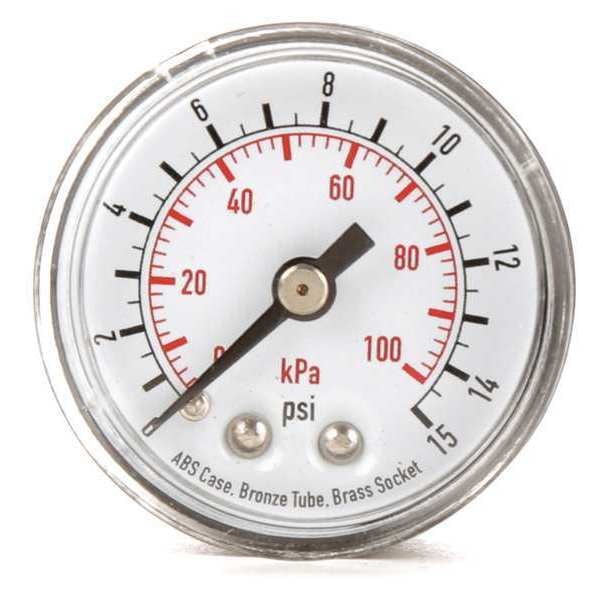 Pressure Gauge, Commercial, 0 to 15 psi, 1 1/2 in Dial, 1/8 in MNPT, Plastic, Black