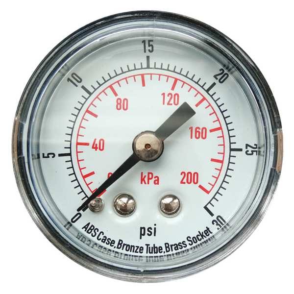 Pressure Gauge, Commercial, 0 to 30 psi, 1 1/2 in Dial, 1/8 in MNPT, Plastic, Black