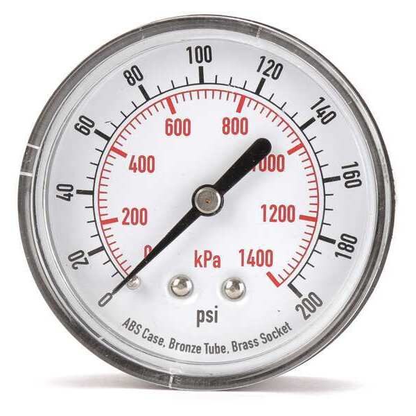 Pressure Gauge, 0 to 200 psi, 1/4 in MNPT, Plastic, Black