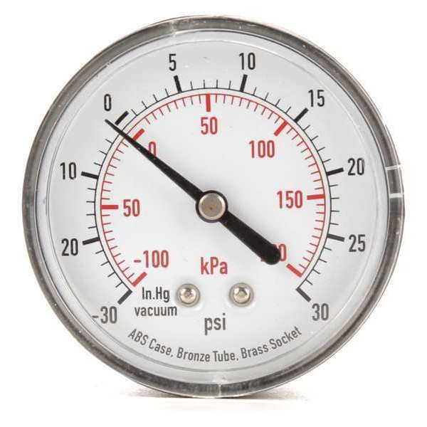 Compound Gauge, -30 to 0 to 30 in Hg/psi, 1/4 in MNPT, Plastic, Black