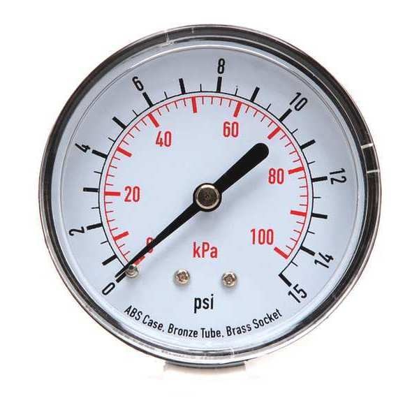 Pressure Gauge, 0 to 15 psi, 1/4 in MNPT, Plastic, Black