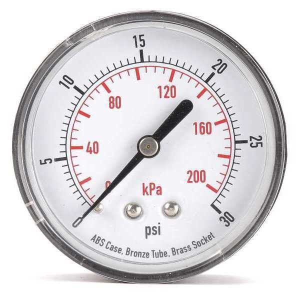Pressure Gauge, 0 to 30 psi, 1/4 in MNPT, Plastic, Black