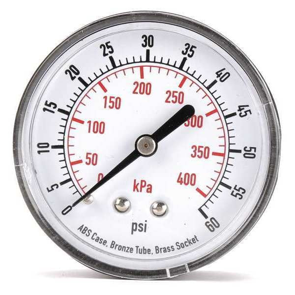 Pressure Gauge, 0 to 60 psi, 1/4 in MNPT, Plastic, Black