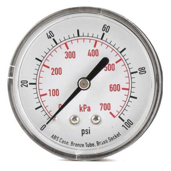 Pressure Gauge, 0 to 100 psi, 1/4 in MNPT, Plastic, Black