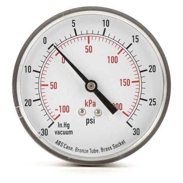 Compound Gauge, -30 to 0 to 30 in Hg/psi, 1/4 in MNPT, Plastic, Black