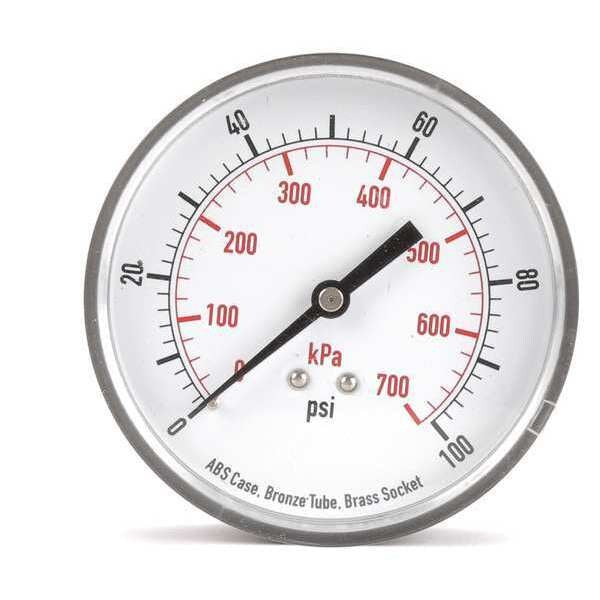 Pressure Gauge, 0 to 100 psi, 1/4 in MNPT, Plastic, Black