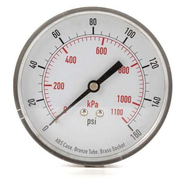 Pressure Gauge, 0 to 160 psi, 1/4 in MNPT, Plastic, Black
