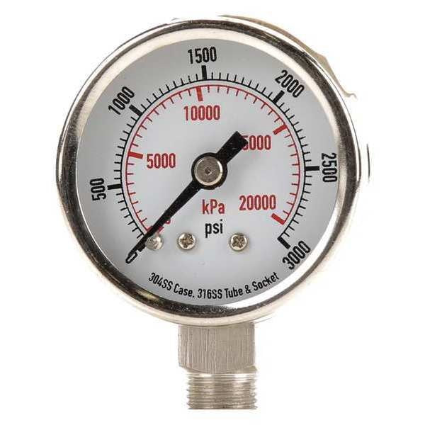 Pressure Gauge, 0 to 30 psi, 1/8 in MNPT, Stainless Steel, Silver