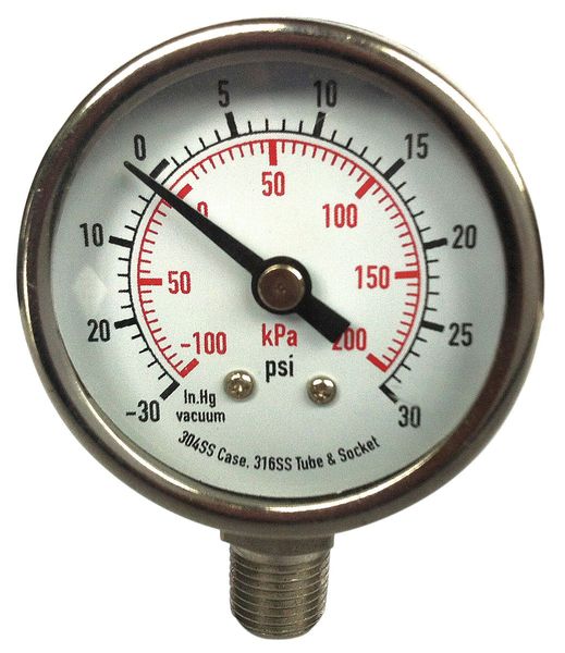 Pressure Gauge, 0 to 600 psi, 1/4 in MNPT, Stainless Steel, Silver
