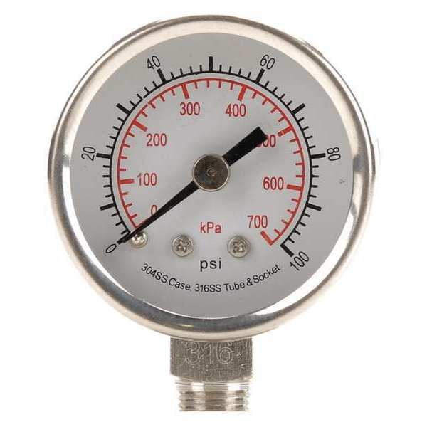 Pressure Gauge, 0 to 100 psi, 1/8 in MNPT, Stainless Steel, Silver
