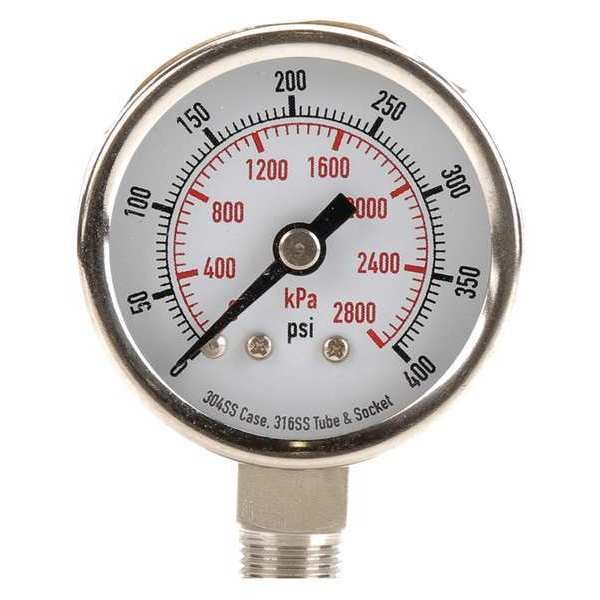 Pressure Gauge, 0 to 400 psi, 1/8 in MNPT, Stainless Steel, Silver