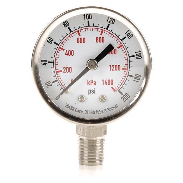 Pressure Gauge, 0 to 200 psi, 1/4 in MNPT, Stainless Steel, Silver