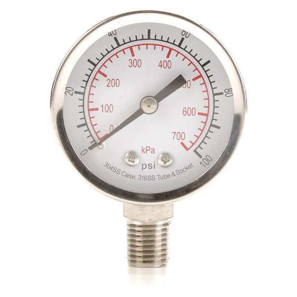 Pressure Gauge, 0 to 100 psi, 1/4 in MNPT, Stainless Steel, Silver