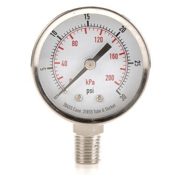 Pressure Gauge, 0 to 30 psi, 1/4 in MNPT, Stainless Steel, Silver