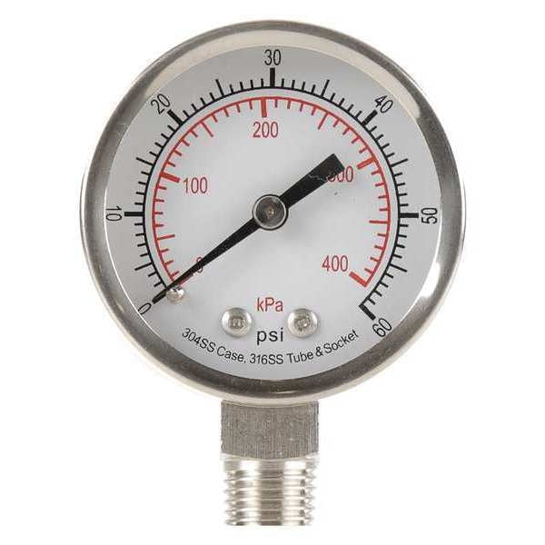Pressure Gauge, 0 to 60 psi, 1/4 in MNPT, Stainless Steel, Silver