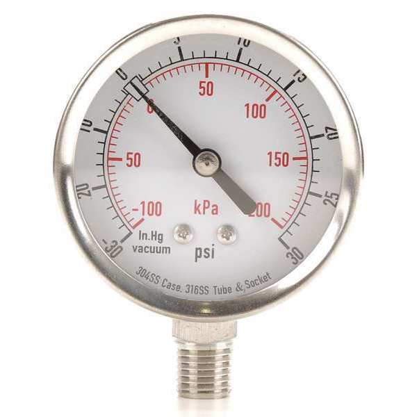 Compound Gauge, -30 to 0 to 30 in Hg/psi, 1/4 in MNPT, Stainless Steel, Silver