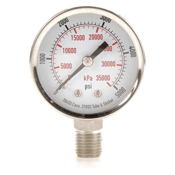 Pressure Gauge, 0 to 5000 psi, 1/4 in MNPT, Stainless Steel, Silver