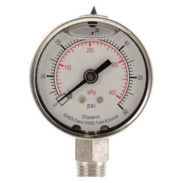 Pressure Gauge, 0 to 300 psi, 1/4 in MNPT, Stainless Steel, Silver