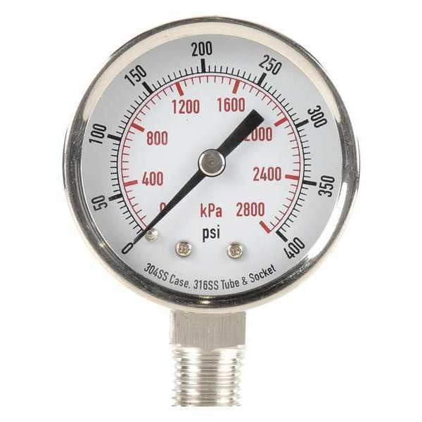 Pressure Gauge, 0 to 400 psi, 1/4 in MNPT, Stainless Steel, Silver