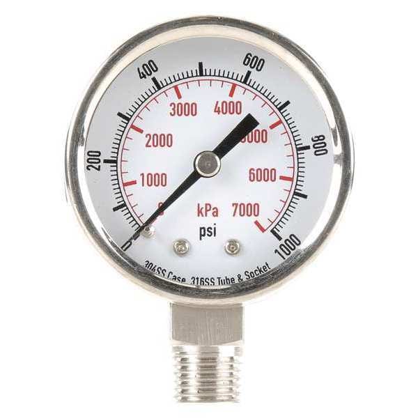 Pressure Gauge, 0 to 1000 psi, 1/4 in MNPT, Stainless Steel, Silver