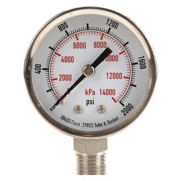 Pressure Gauge, 0 to 2000 psi, 1/4 in MNPT, Stainless Steel, Silver