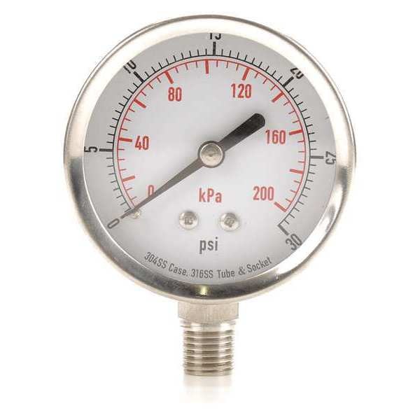 Pressure Gauge, 0 to 30 psi, 1/4 in MNPT, Stainless Steel, Silver