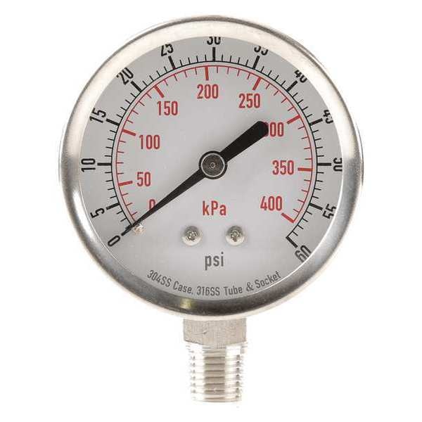 Pressure Gauge, 0 to 60 psi, 1/4 in MNPT, Stainless Steel, Silver