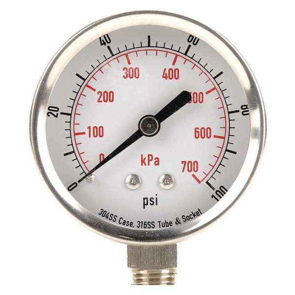 Pressure Gauge, 0 to 100 psi, 1/4 in MNPT, Stainless Steel, Silver