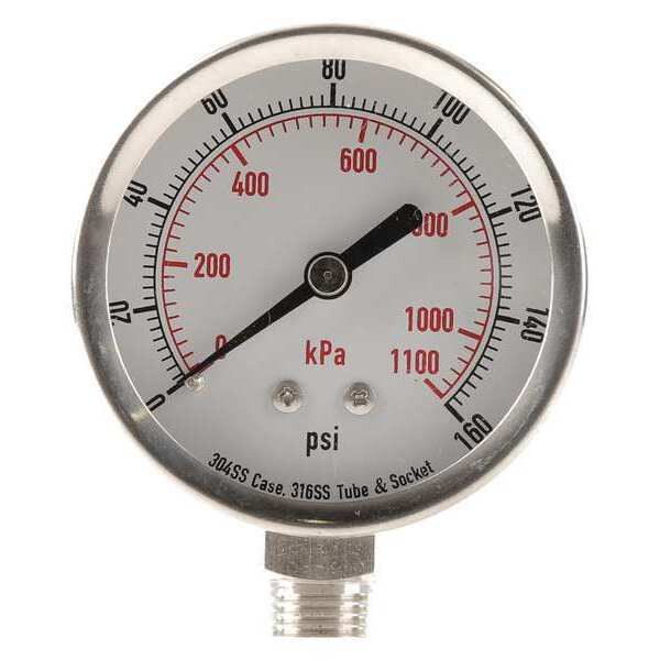 Pressure Gauge, 0 to 160 psi, 1/4 in MNPT, Stainless Steel, Silver