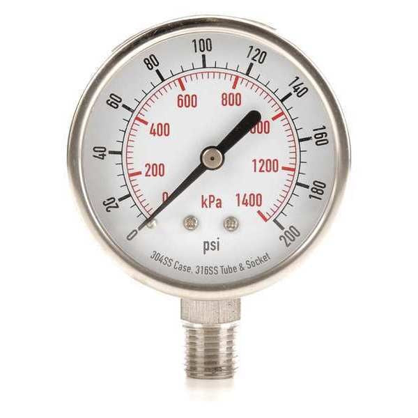 Pressure Gauge, 0 to 200 psi, 1/4 in MNPT, Stainless Steel, Silver