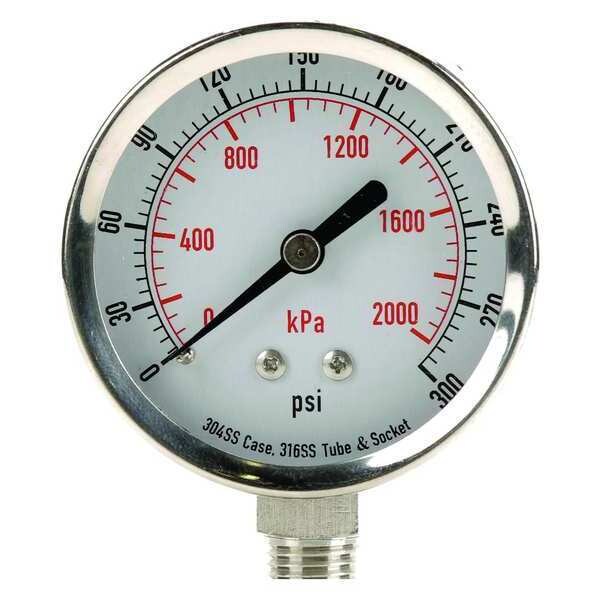 Pressure Gauge, 0 to 300 psi, 1/4 in MNPT, Stainless Steel, Silver